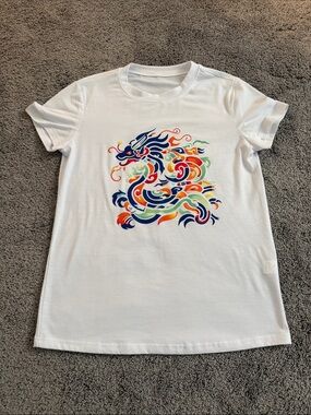White Tee with Colorful Dragon Graphic